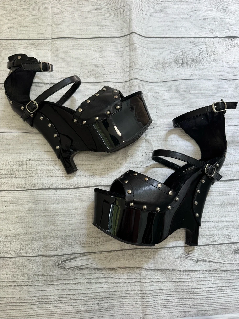 Pleaser Black Studded Platform Ankle-Strap Heels